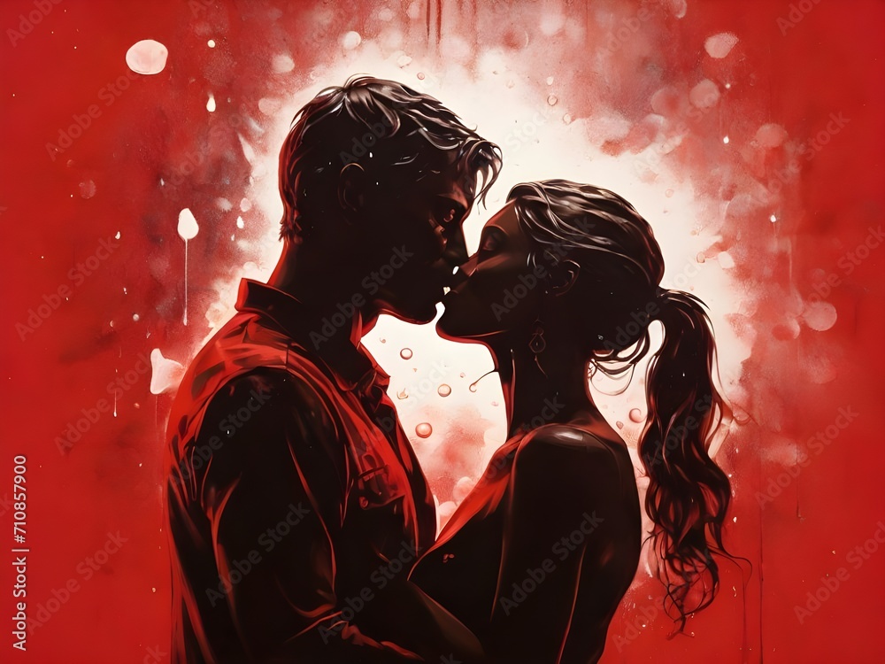 Silhouette of a man and woman kissing in front. Red background with dripping water. Valentine's Day. Illustration. Generative AI Silhouette of a man and woman kissing in front. Red background with dripping water. Valentine's Day. Illustration. Generative AI