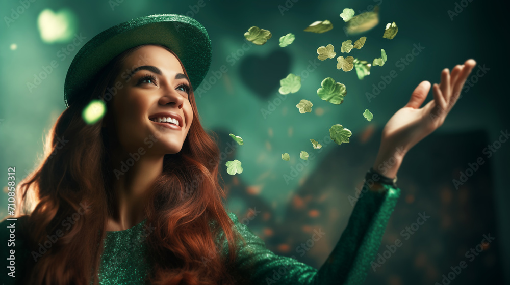 Attractive female model in hat on green background for St. Patrick's Day celebration