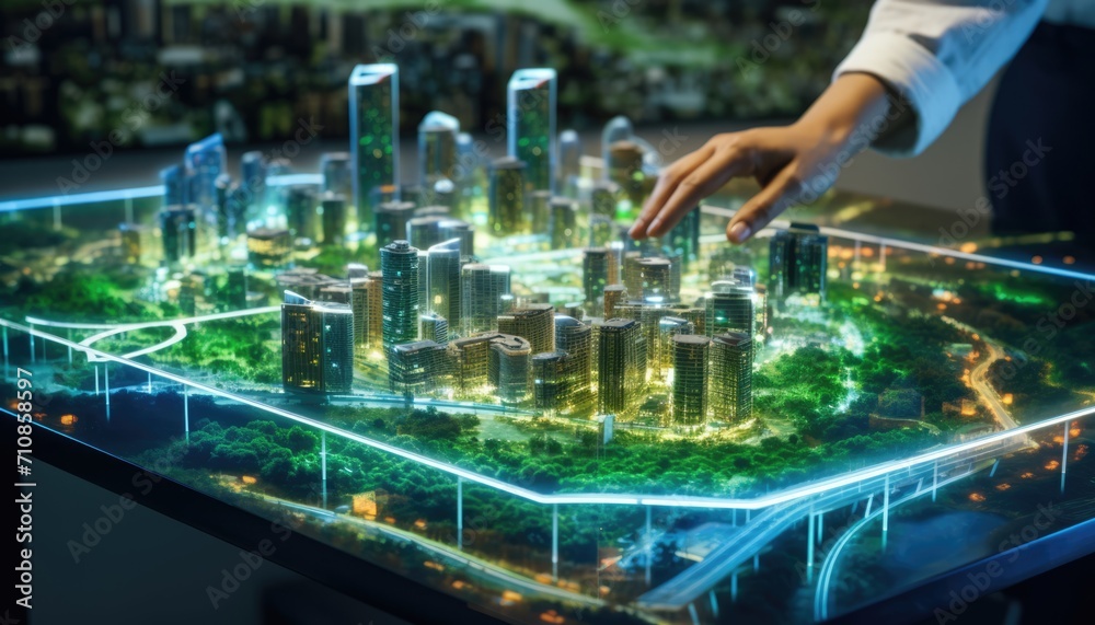 Human touching a advanced technology based on hologram light with greenery city, eco-friendly city on a city background with hologram network icons for energy source research, renewable energy concept Human touching a advanced technology based on hologram light with greenery city, eco-friendly city on a city background with hologram network icons for energy source research, renewable energy concept
