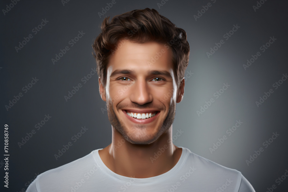 Obraz premium Young handsome male man smiling to the camera while his teeth are being brushed, in the style of shaped canvas, spectacular show of ages, gray and amber, minimalistic modernism, light gray, dadaist, r