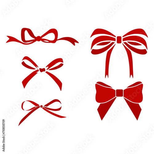 Gift bows silk red ribbon with a decorative bow. Realistic luxury holiday satin ribbon for decoration or holiday packaging Vector illustration
