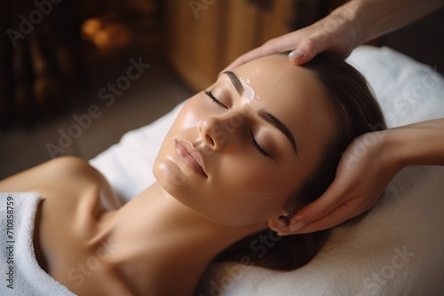 Woman having facial massage at beauty spa for her skin treatment, in the style of ultrafine detail, large canvas format, biedermeier, soft light