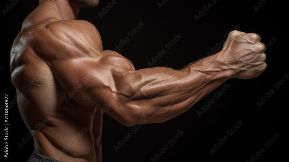 tense arm clenched into fist, veins, bodybuilder muscles on a dark background. Neural network AI generated art tense arm clenched into fist, veins, bodybuilder muscles on a dark background. Neural network AI generated art