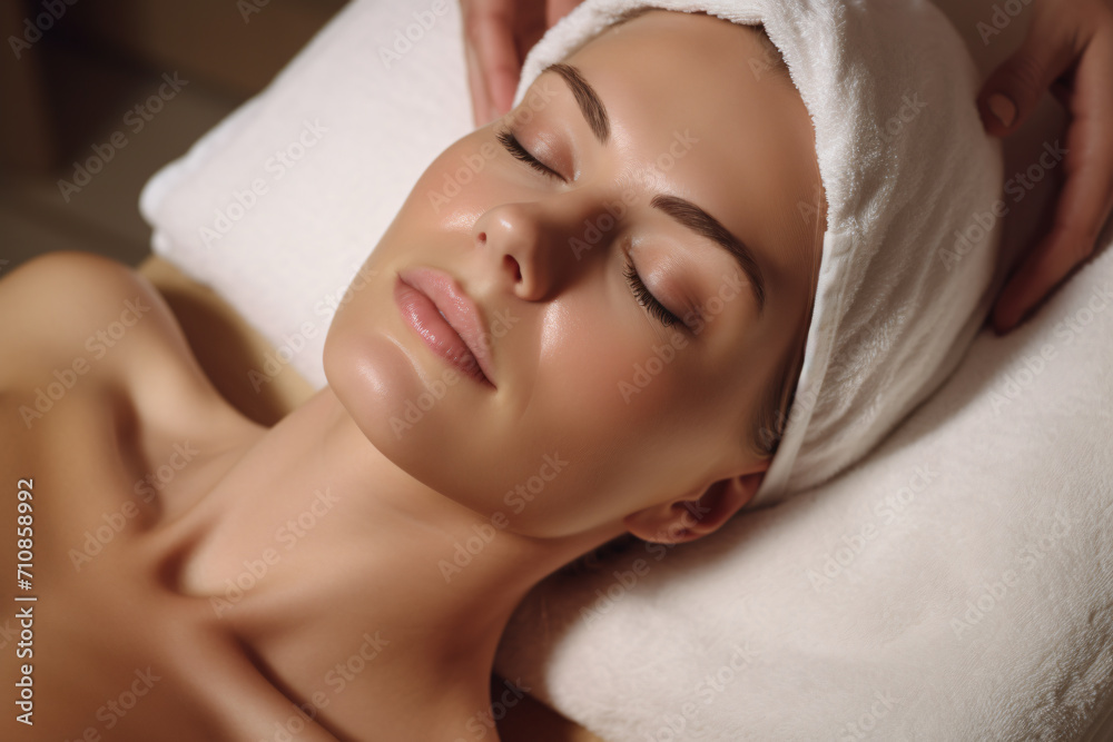 Woman having facial massage at beauty spa for her skin treatment, in the style of ultrafine detail, large canvas format, biedermeier, soft light


