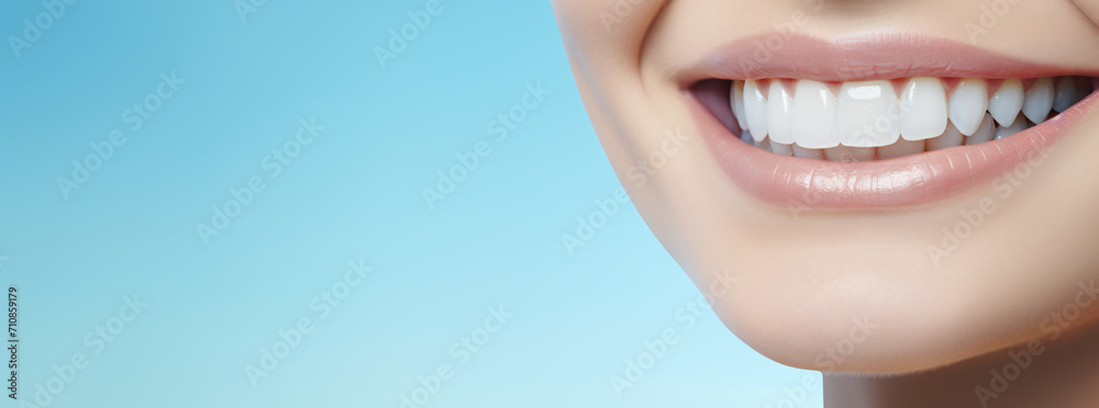Obraz premium Woman face smile with teeth on blue background, in the style of macro perspectives, poster, panoramic scale, human anatomy, wimmelbilder, shaped canvas, low-angle