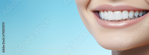 Woman face smile with teeth on blue background  in the style of macro perspectives  poster  panoramic scale  human anatomy  wimmelbilder  shaped canvas  low-angle  