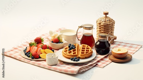 Picnic breakfast items including waffles and tea are neatly laid out on a white tablecloth, each item strategically placed to create a clean and modern look.