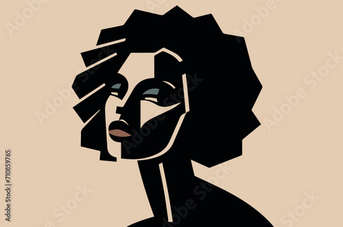 Beautiful black young woman. Abstract portrait in cubism style. Beige and brown colors. Vector illustration