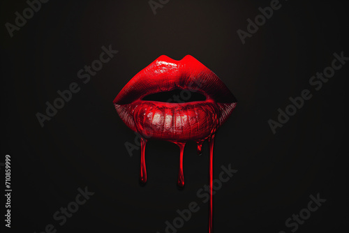 Red glossy lips with dripping blood on black background, close-up
