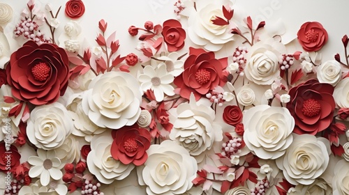 white and red flowers artfully arranged on a pristine white surface.