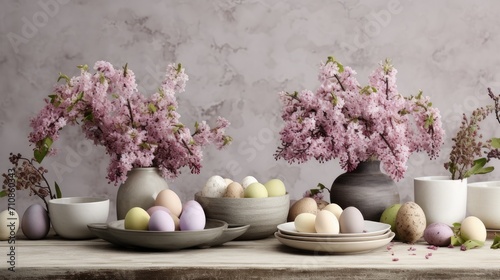 spring composition from a gray concrete table and light hyacinth flowers. Interaction of textures adds depth and realism.