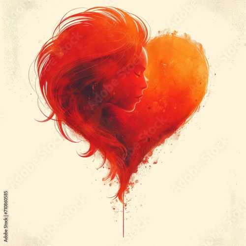 Red heart with an image of a woman, symbol of love, watercolor style