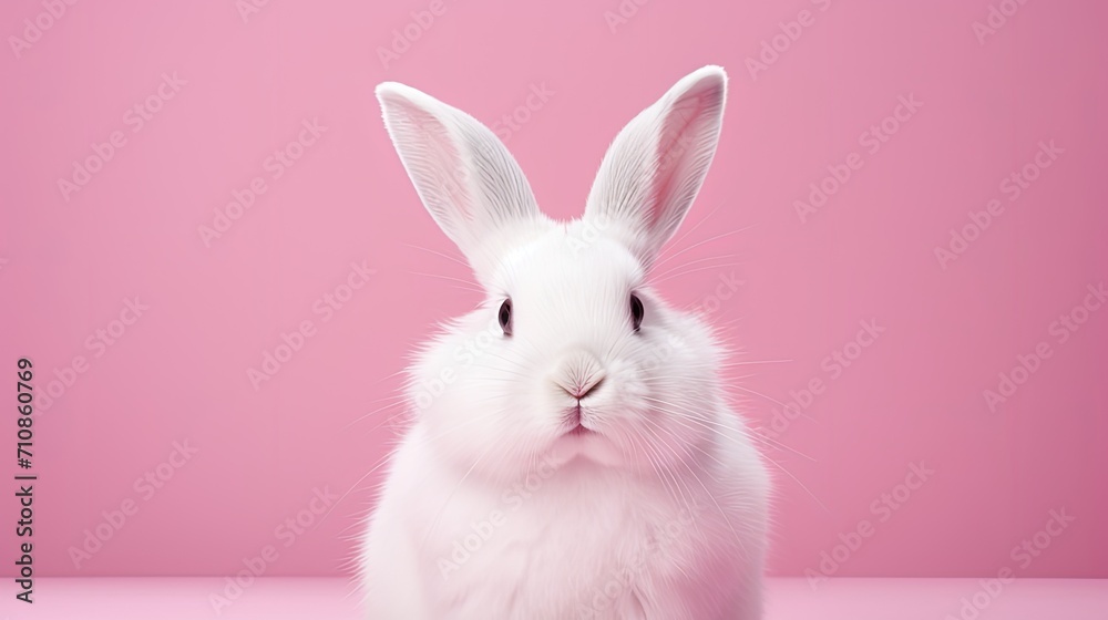 a white rabbit on a pink background that will complement the white rabbit fur. This creates an aesthetic composition that emphasizes the rabbit as the main character