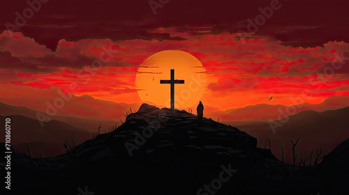 the clear and recognizable outline of the tomb and crucifix against the vibrant colors of the sunset, clearly defined shapes for a realistic depiction photo