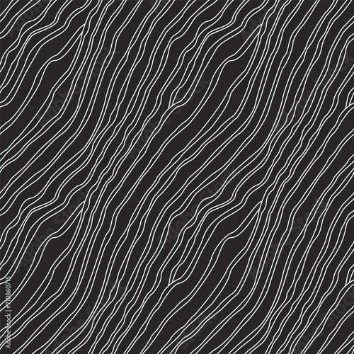 Vector doodle diagonal seamless pattern from white wavy lines on a black background