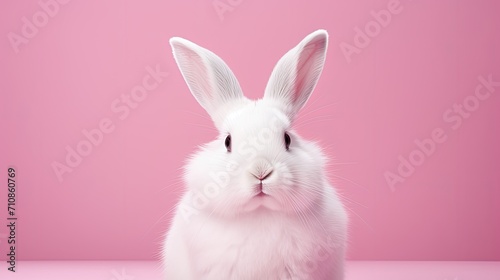 a white rabbit on a pink background that will complement the white rabbit fur. This creates an aesthetic composition that emphasizes the rabbit as the main character © Светлана Канунникова