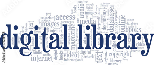 Digital Library word cloud conceptual design isolated on white background.
