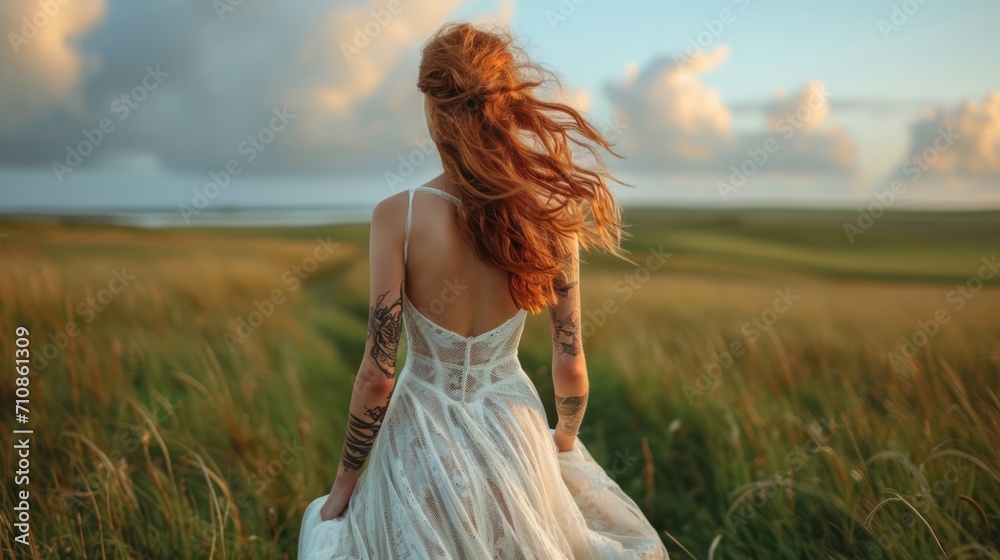 Woman with red hair, white dress and many tattoos is walking in a field Woman with red hair, white dress and many tattoos is walking in a field