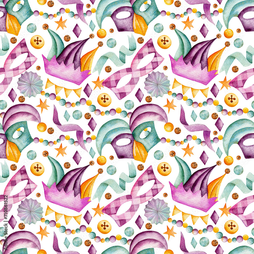 Seamless watercolor pattern. Masquerade masks, jester's hat, garland of flags, confetti, stars, colored beads. Carnival, Mardi Gras. Isolated on transparent background.
