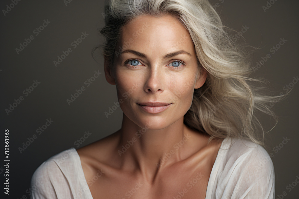 Naklejka premium A beautiful woman with wrinkles on her face, in the style of light silver and beige, calm and serene beauty