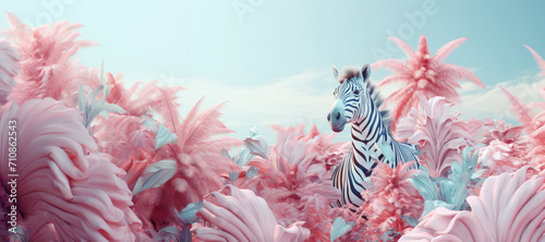 Zebra surrounded by pink surreal plants. Dreamy style. Illustration. Generative AI