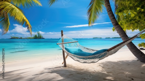 Beachside Relaxing Hammock Scene hung between palm trees on a tropical beach.