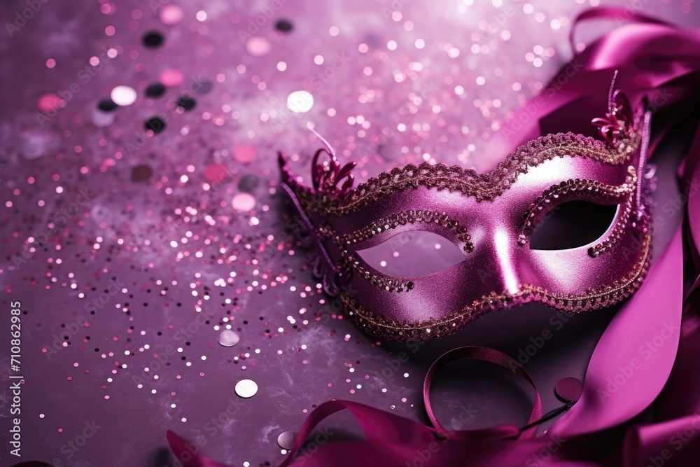 Magenta carnival mask with sparkles. Mardi Gras concept. Festive background or design with copy space for advertiser