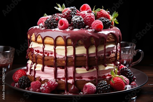 New Raspberry Cake in renowned confectionery  irresistible and elegant.  generative IA
