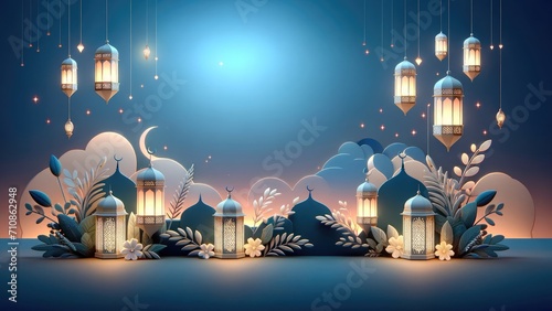 Ramadan Kareem celebration background illustration with Mosque, arabic lanterns and moon. photo