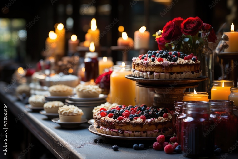 Table Charity Displays Homemade Cakes For Noble Cause., generative IA