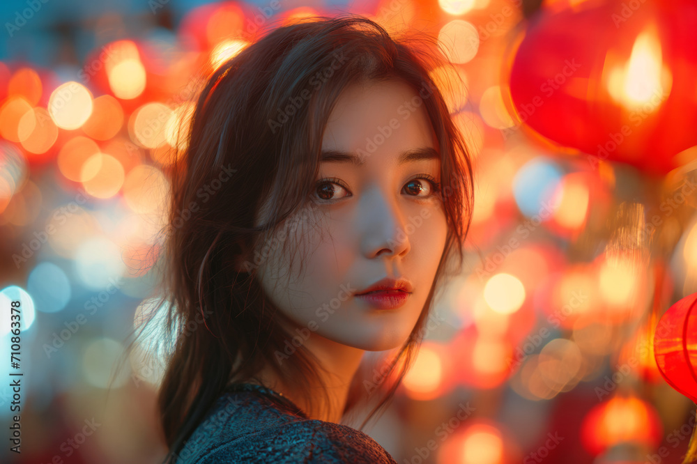 Portrait of attractive asian woman on Lunar New Year and Chinese lights in the background Portrait of attractive asian woman on Lunar New Year and Chinese lights in the background