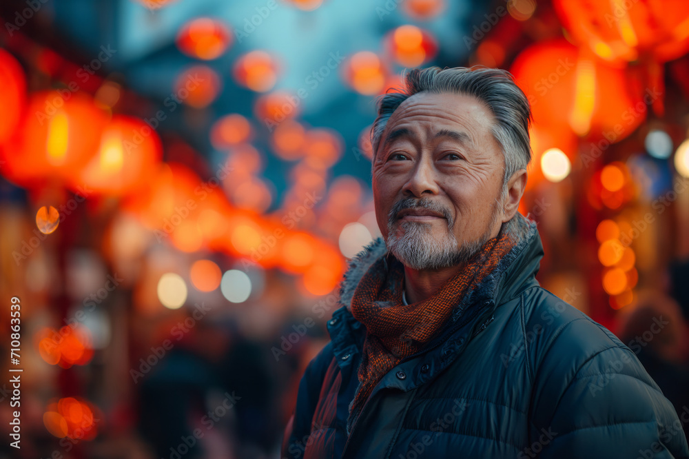 Portrait of Asian men on Lunar New Year with Chinese lights in the background.