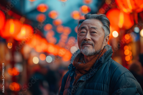 Portrait of Asian men on Lunar New Year with Chinese lights in the background.