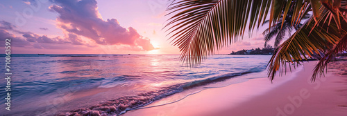 Sunny exotic beach by the ocean with palm trees at sunset summer vacation Generate AI