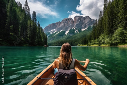 A woman peacefully sits in a boat, enjoying the calmness of a serene lake, Beautiful woman kayaking on a stunning mountain lake surrounded by green trees, AI Generated © Iftikhar alam