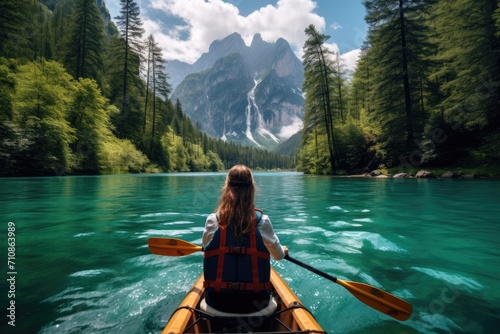 A woman effortlessly glides through the river in her canoe, experiencing the joys of outdoor recreation, Beautiful woman kayaking on a stunning mountain lake surrounded by green trees, AI Generated © Iftikhar alam