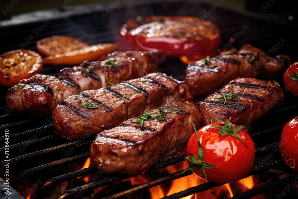 Delicious steaks and juicy tomatoes sizzling and cooking to perfection on a grill, Beef steak and sausages on a barbecue grill, shown in close-up, AI Generated