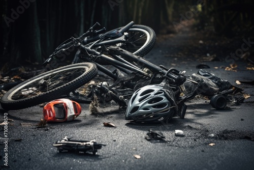 Two bicycles lying on the ground side by side after falling over, Bicycle collision road accident with a broken bike and helmet, AI Generated