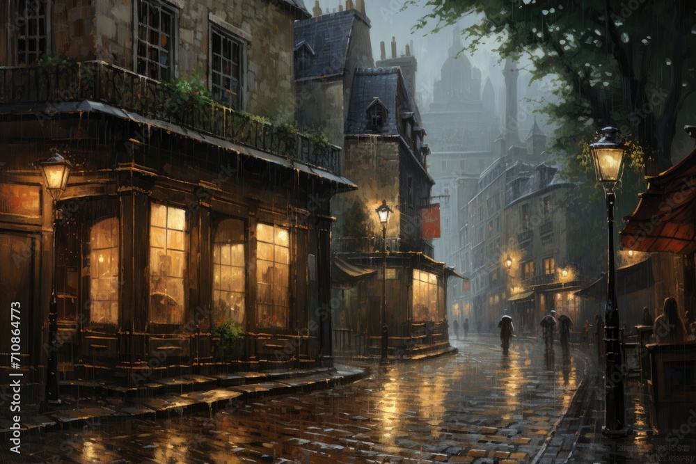 Obraz premium A captivating painting capturing the movement and mystery of people striding down a dimly lit street in the nighttime, An atmospheric painting of a rain-soaked alley in Paris, AI Generated