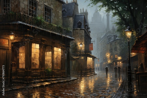 A captivating painting capturing the movement and mystery of people striding down a dimly lit street in the nighttime, An atmospheric painting of a rain-soaked alley in Paris, AI Generated