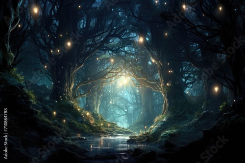 A captivating image of a dark, enigmatic forest illuminated by an abundance of twinkling lights, An enchanted forest filled with glowing, magical creatures, AI Generated