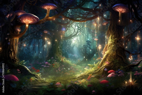Explore a magical forest teeming with mushrooms and illuminated by a mesmerizing display of lights, An enchanted forest with little magical creatures and sparkling mushrooms, AI Generated