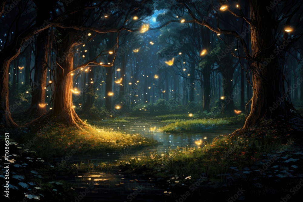 A captivating image of countless fireflies creating a mystical glow as they fly through a lush forest, An enchanting forest filled with fireflies at dusk, AI Generated