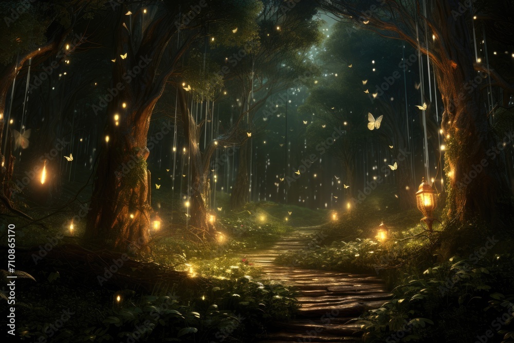 This captivating image captures the brilliance of a forest adorned with countless lights and dense clusters of majestic trees, An enchanting forest filled with fireflies at dusk, AI Generated