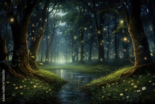 A mesmerizing painting of a lush forest with a flowing stream, brought to life by the enchanting glow of fireflies, An enchanting forest filled with fireflies at dusk, AI Generated photo