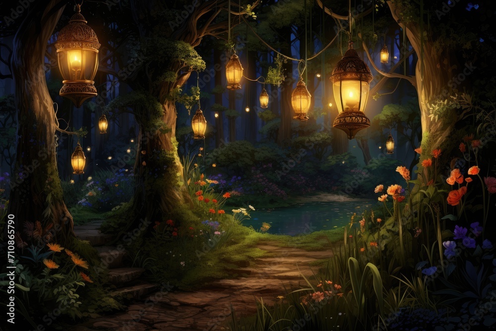 An enchanting forest scene with lanterns hanging from the trees, creating a magical and mesmerizing atmosphere, An enchanting forest filled with fireflies at dusk, AI Generated