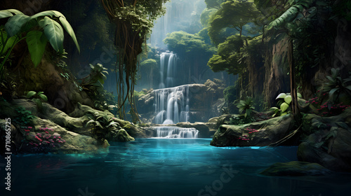 A Jungle Waterfall Oasis Amidst Lush Greenery,, Serene Jungle Waterfall Unveiling the Beauty of Nature's Symphony