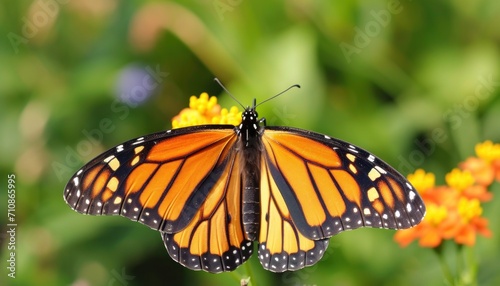 Graceful monarch butterfly showcasing vibrant wings in a garden, insects and butterflies image © Ingenious Buddy 