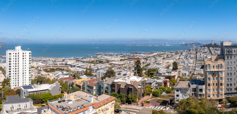 Panoramic aerial view of the San Francisco downtown. Aerial town of San Francisco.