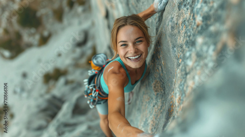 Young woman rock climbing
